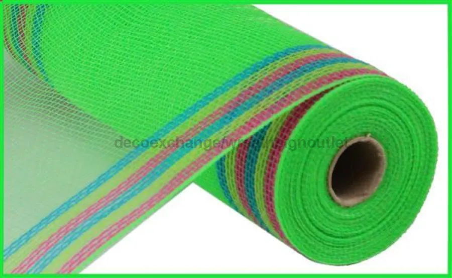 10.25"X10Yd Faux Jute/Polypropylene/Border Stripe Lime/Hot Pink/Fresh Green/Turquoise RY8326M3