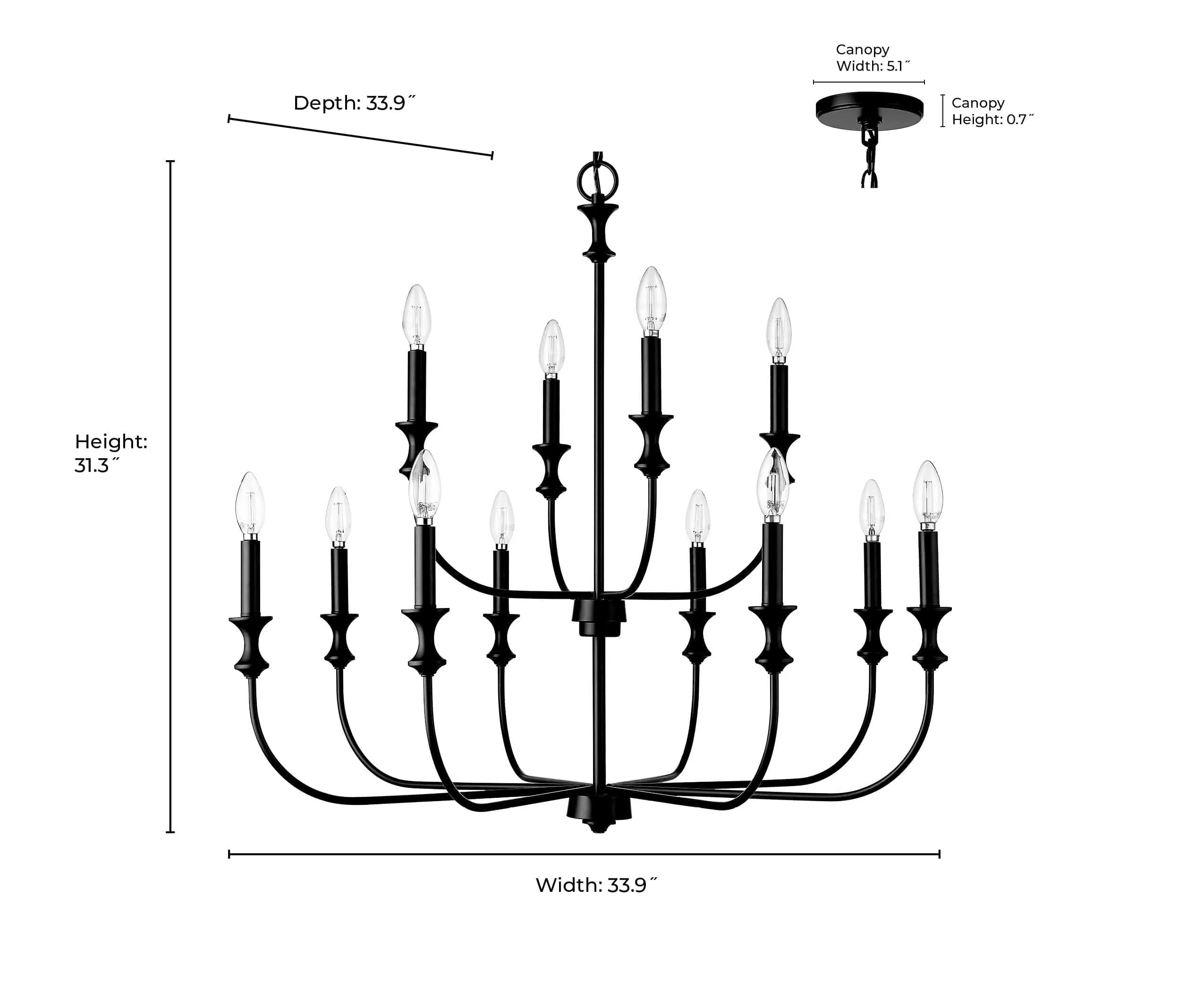 12 Lamps Savanne Chandelier - Matte Black - 33.9in Diameter - E12 Candelabra Base
