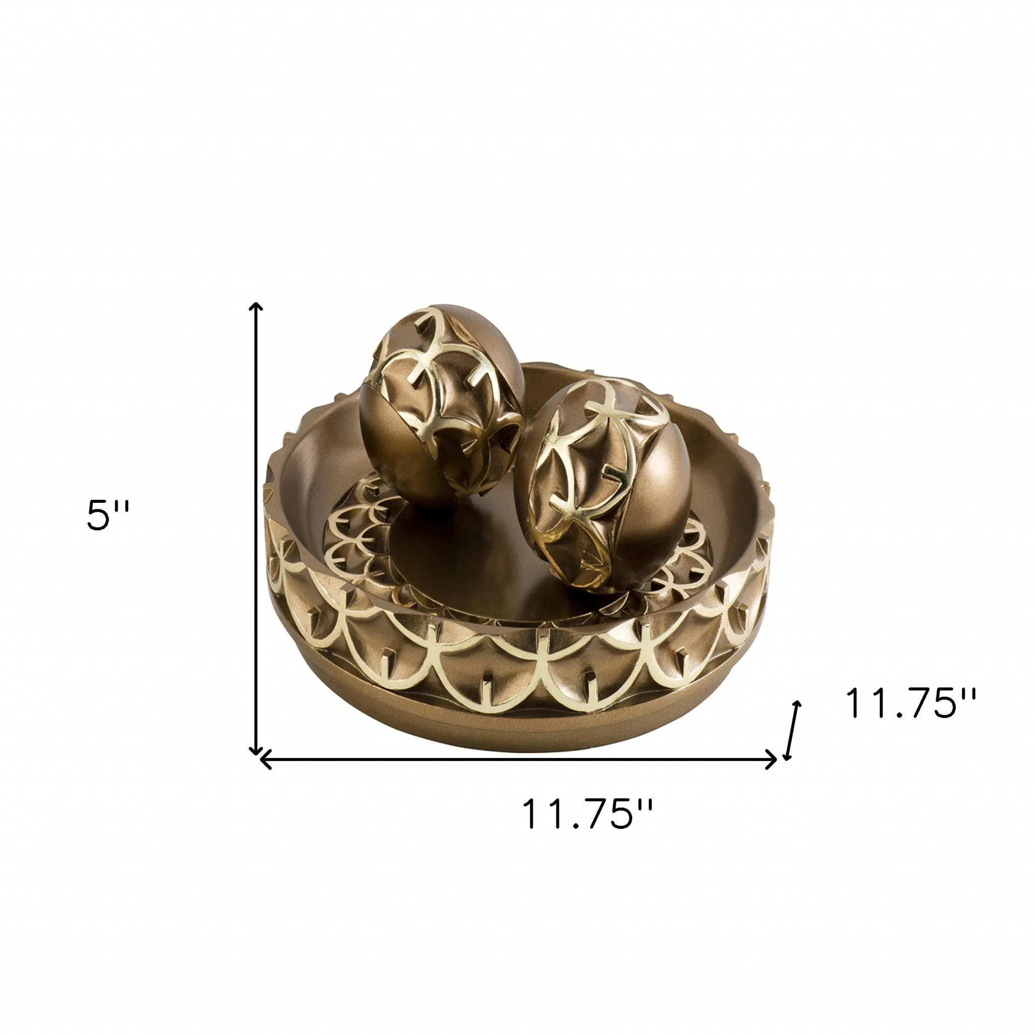 12" Rustic Gold Polyresin Decorative Bowl with Orbs Sculpture By Homeroots