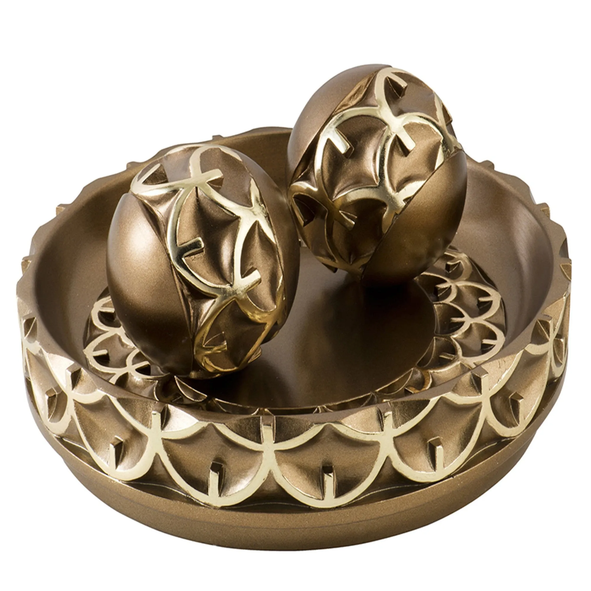 12" Rustic Gold Polyresin Decorative Bowl with Orbs Sculpture By Homeroots