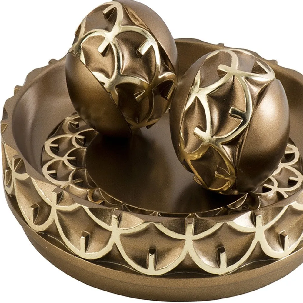 12" Rustic Gold Polyresin Decorative Bowl with Orbs Sculpture By Homeroots
