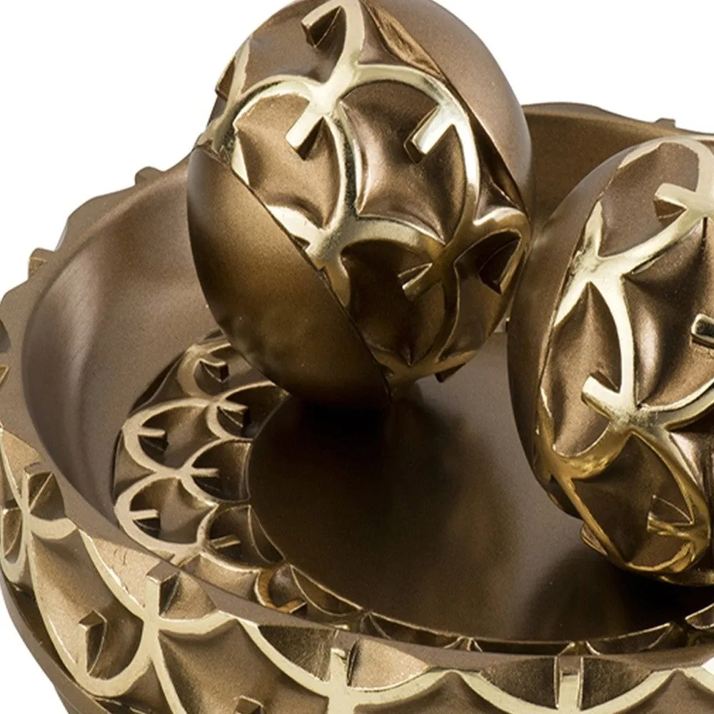 12" Rustic Gold Polyresin Decorative Bowl with Orbs Sculpture By Homeroots