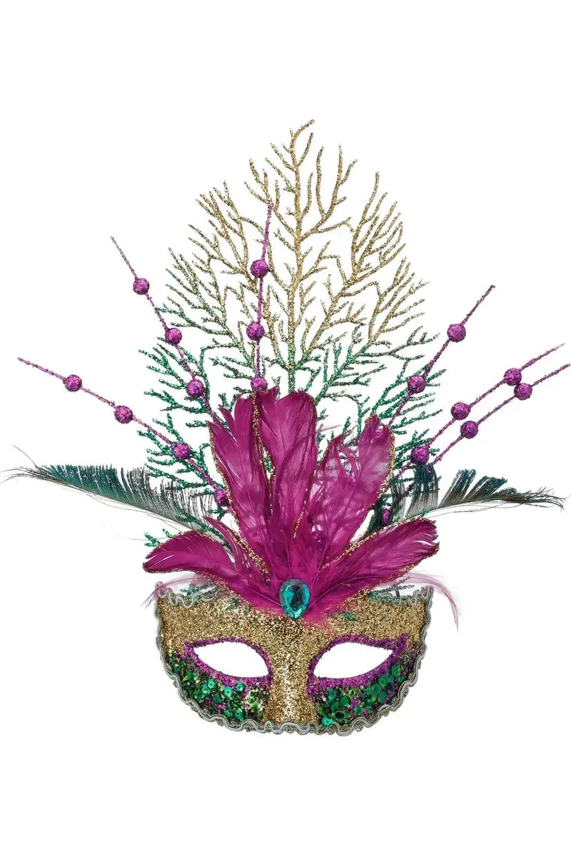 14" Glitter Feather Mardi Gras Mask Ornament