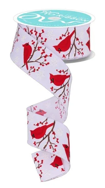 1.5" Cardinal Snowflake Ribbon: White - 10Yds