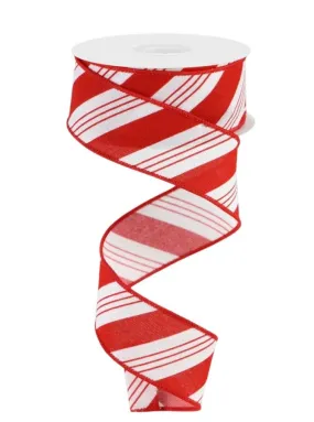 1.5" Diagonal Stripe Linen Ribbon: White/Red - 10yds