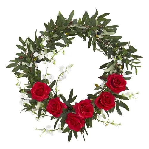 21" Olive, Rose and Cherry Blossom Artificial Wreath