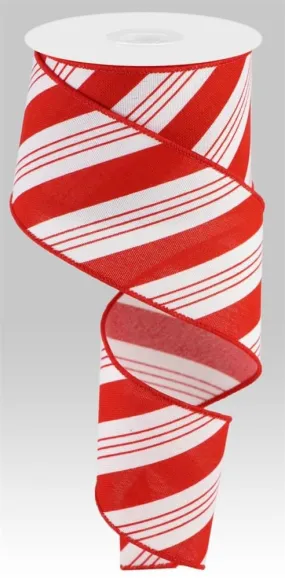 2.5" Diagonal Stripe Linen Ribbon: White/Red - 10yds