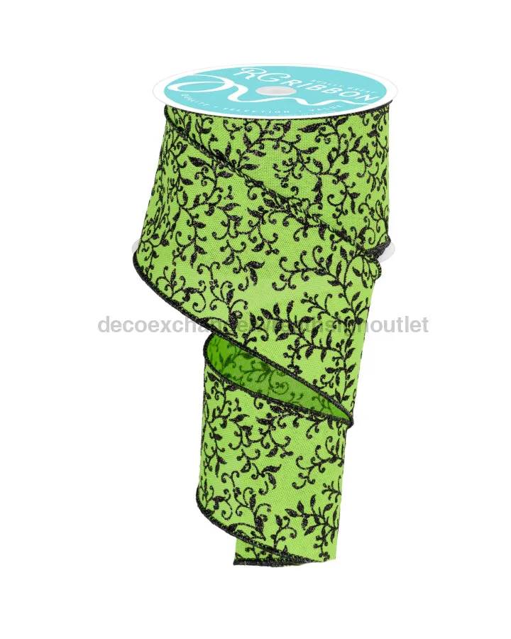 2.5"X10Yd Glitter Mini Leaf Vines Fresh Green/Black RGF1315LT