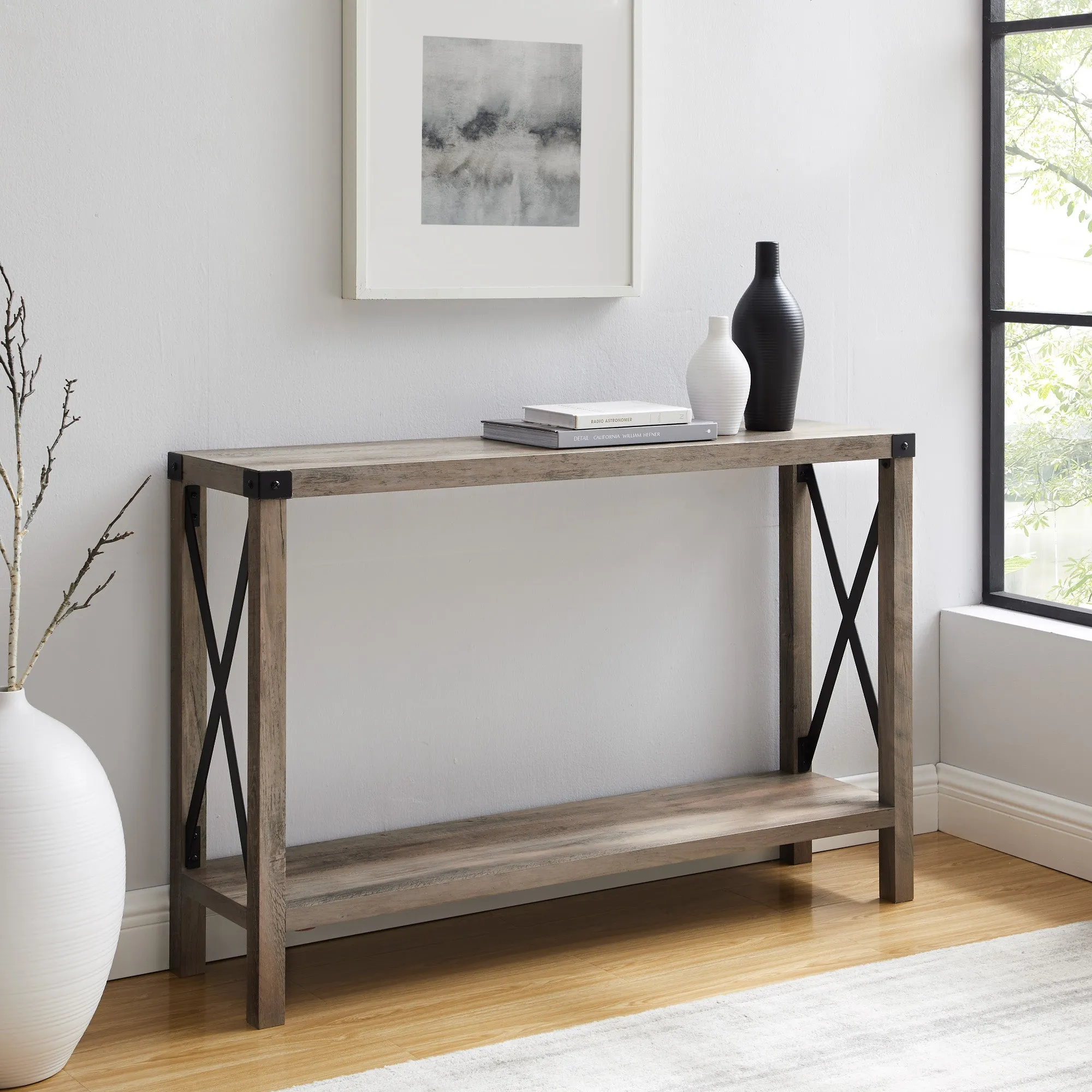 48" Entryway Console Table with Hidden Storage & Slatted Bottom Shelf for Rustic Home Decor Charm