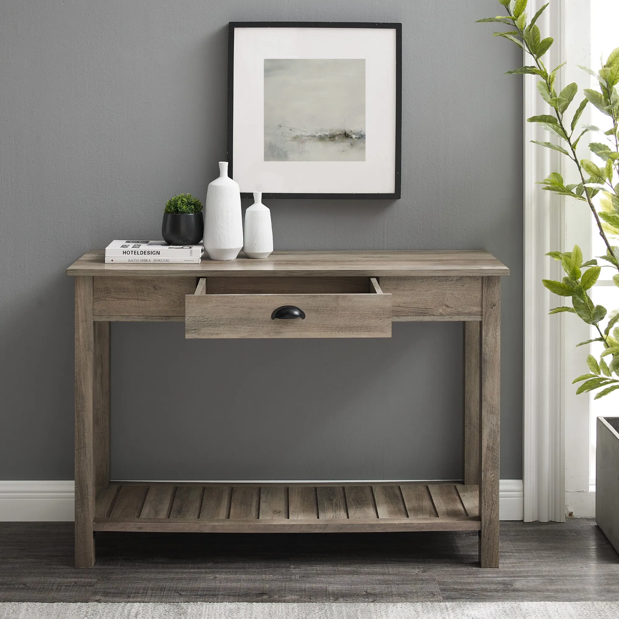 48" Entryway Console Table with Hidden Storage & Slatted Bottom Shelf for Rustic Home Decor Charm