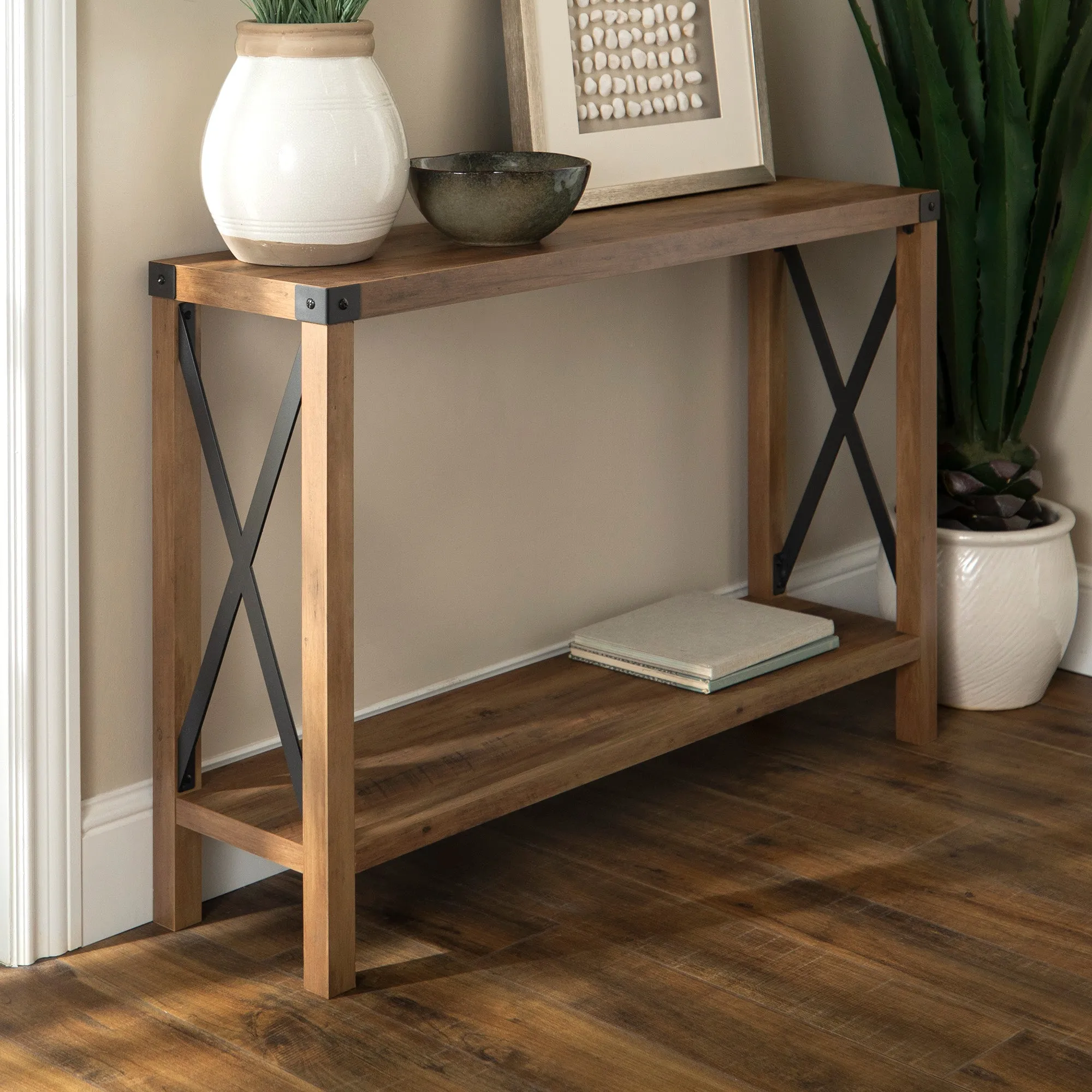 48" Entryway Console Table with Hidden Storage & Slatted Bottom Shelf for Rustic Home Decor Charm