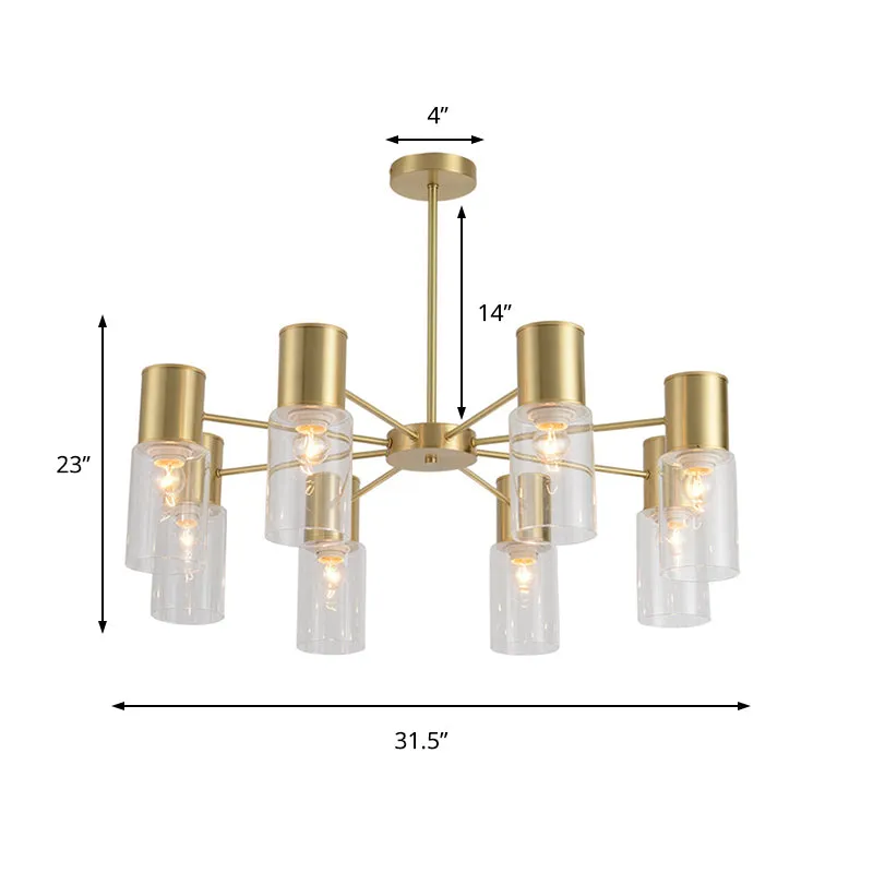 8-Head Brass Chandelier Pendant Light with Clear Glass Shade - Modern Tubular Hanging Lamp