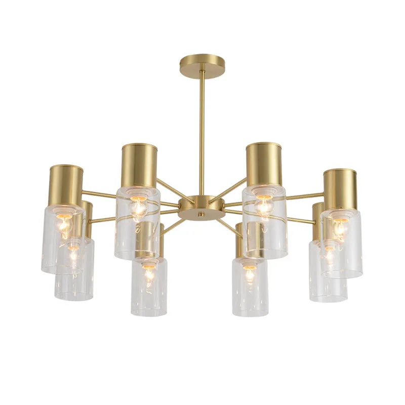 8-Head Brass Chandelier Pendant Light with Clear Glass Shade - Modern Tubular Hanging Lamp