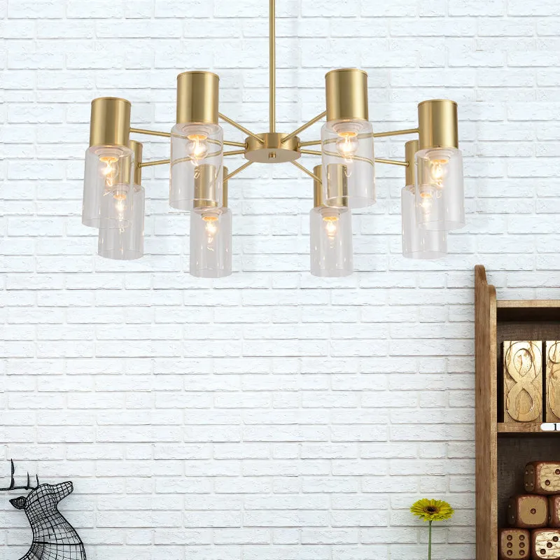 8-Head Brass Chandelier Pendant Light with Clear Glass Shade - Modern Tubular Hanging Lamp