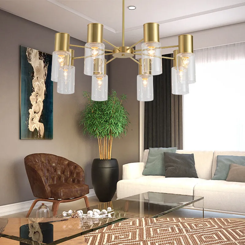 8-Head Brass Chandelier Pendant Light with Clear Glass Shade - Modern Tubular Hanging Lamp
