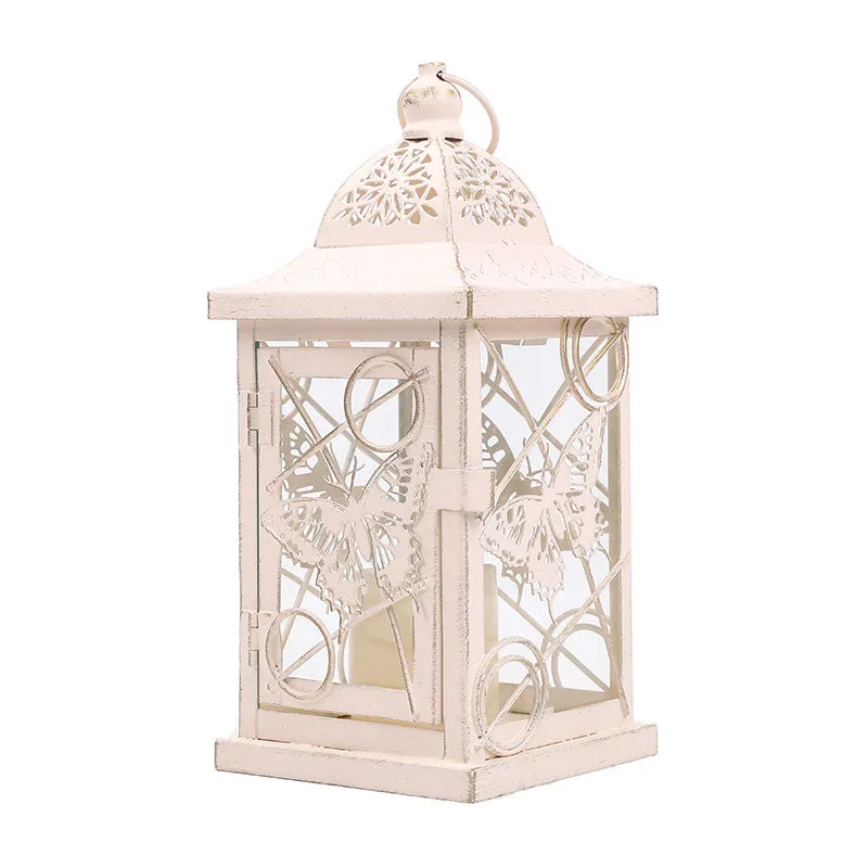 9.5” High Rustic Metal Lantern Candle Holder For Home DecorWhite With Gold Brush