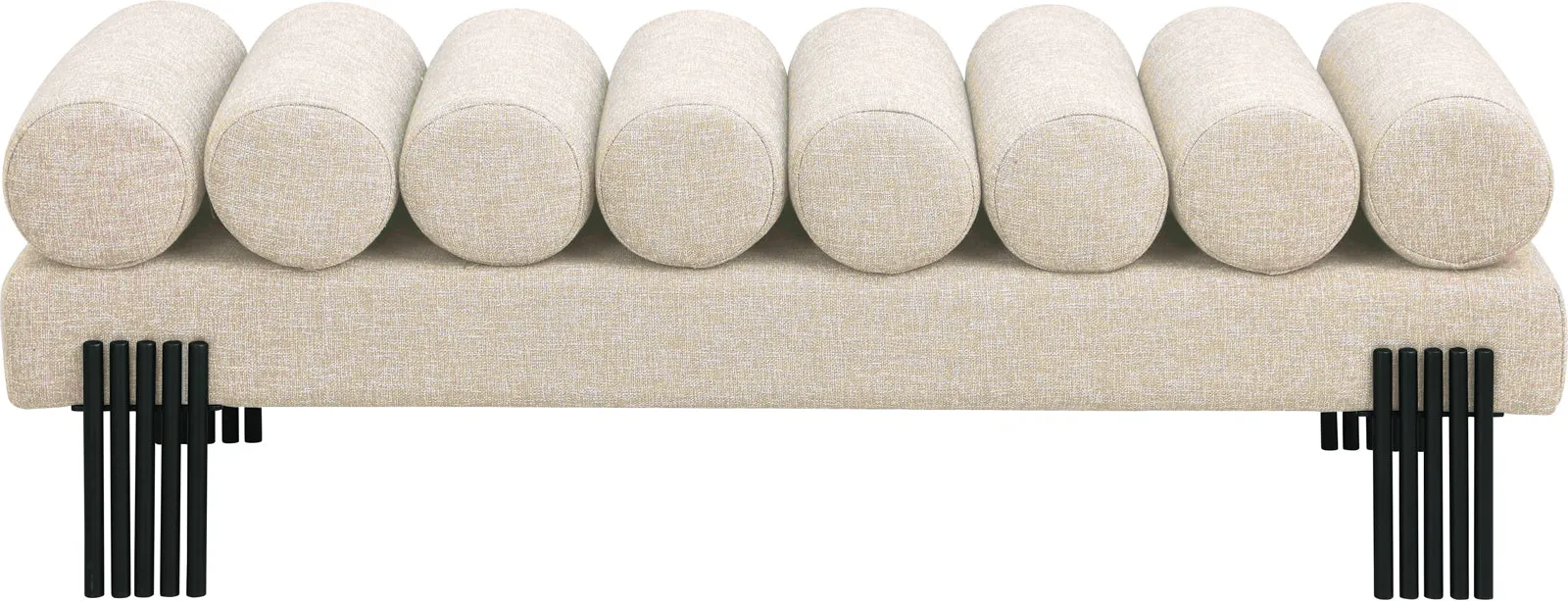 Akeela Stylish Upholstered Fabric Bench with Rolled Cushion Top and Modern Black Metal Legs