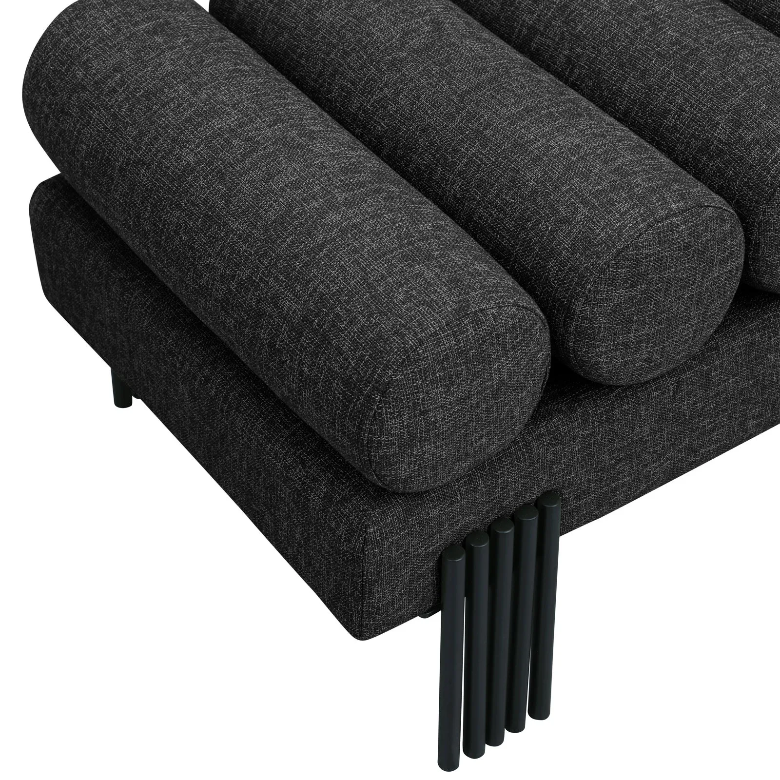 Akeela Stylish Upholstered Fabric Bench with Rolled Cushion Top and Modern Black Metal Legs