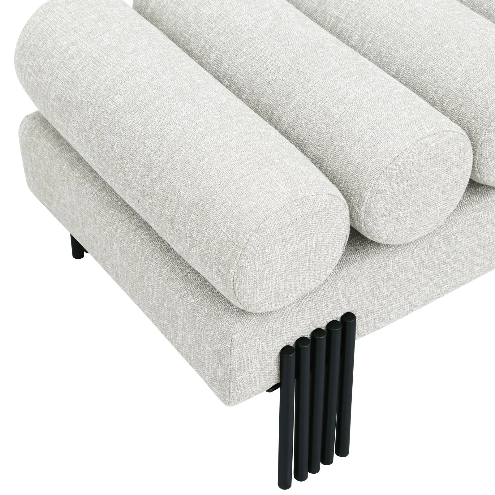 Akeela Stylish Upholstered Fabric Bench with Rolled Cushion Top and Modern Black Metal Legs