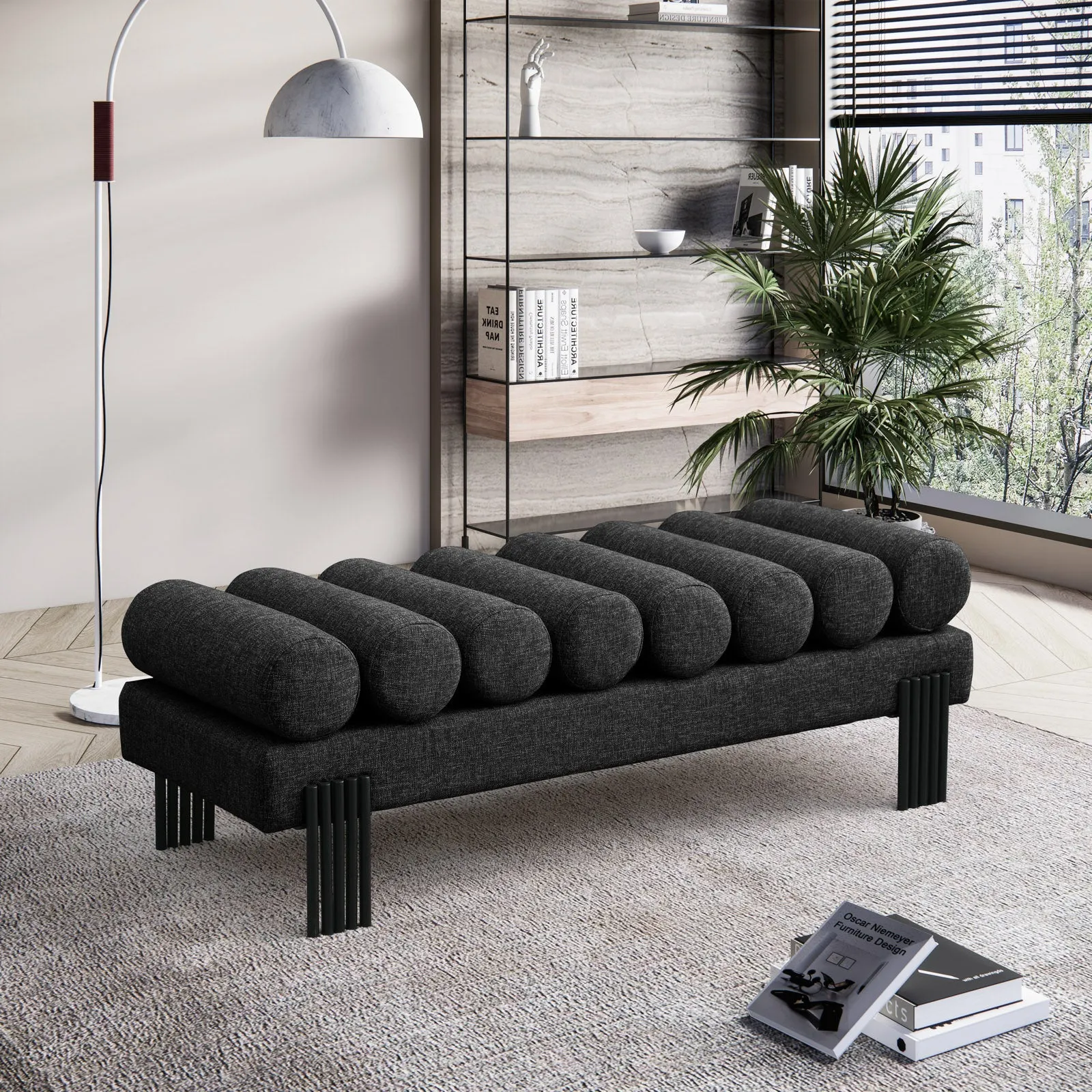 Akeela Stylish Upholstered Fabric Bench with Rolled Cushion Top and Modern Black Metal Legs