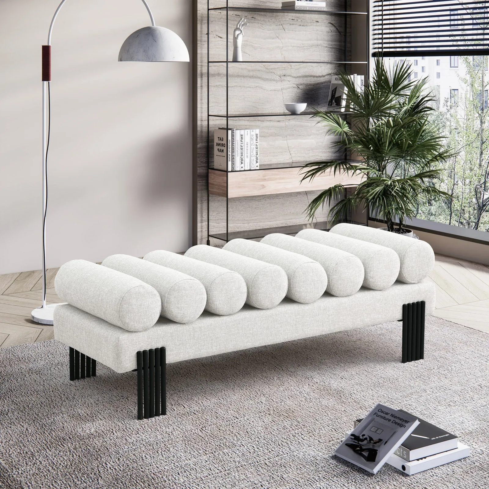 Akeela Stylish Upholstered Fabric Bench with Rolled Cushion Top and Modern Black Metal Legs