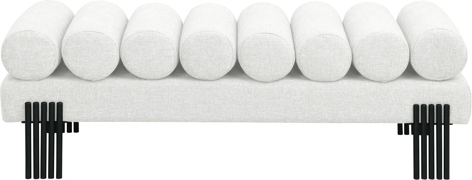 Akeela Stylish Upholstered Fabric Bench with Rolled Cushion Top and Modern Black Metal Legs