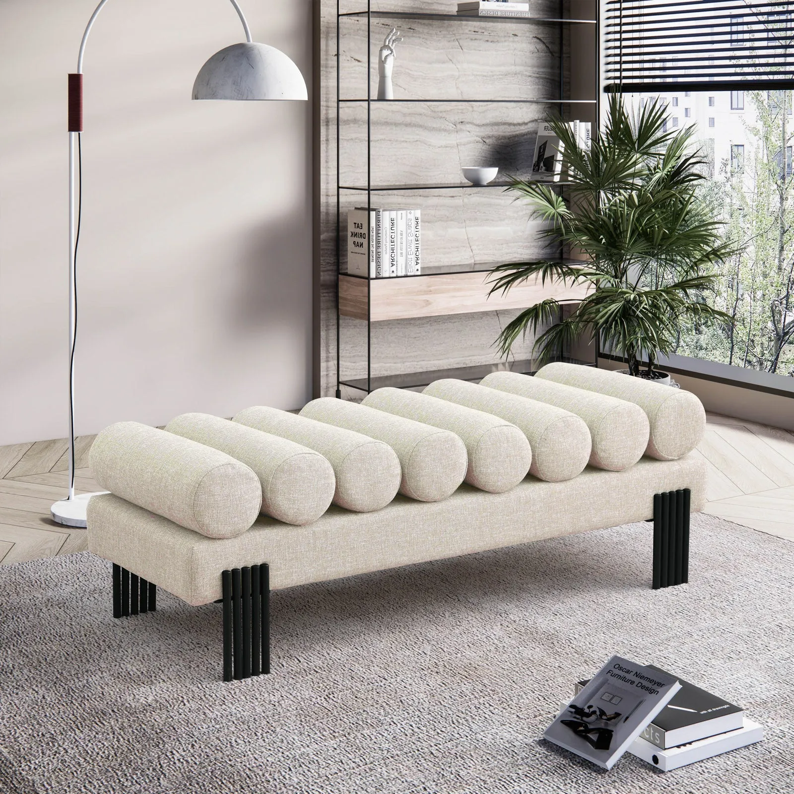 Akeela Stylish Upholstered Fabric Bench with Rolled Cushion Top and Modern Black Metal Legs