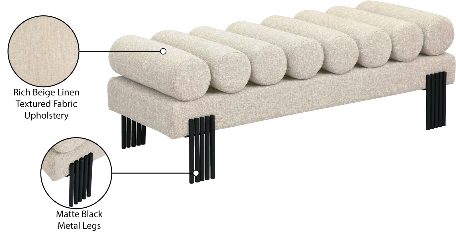 Akeela Stylish Upholstered Fabric Bench with Rolled Cushion Top and Modern Black Metal Legs