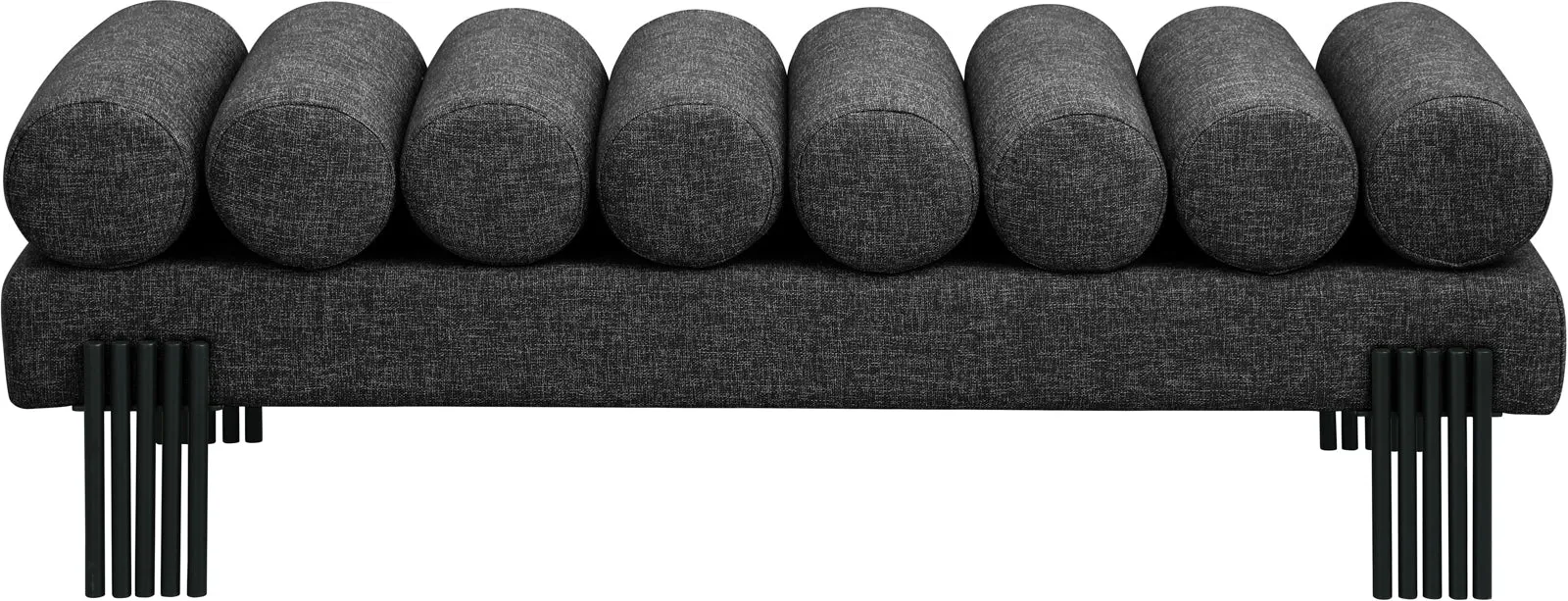Akeela Stylish Upholstered Fabric Bench with Rolled Cushion Top and Modern Black Metal Legs