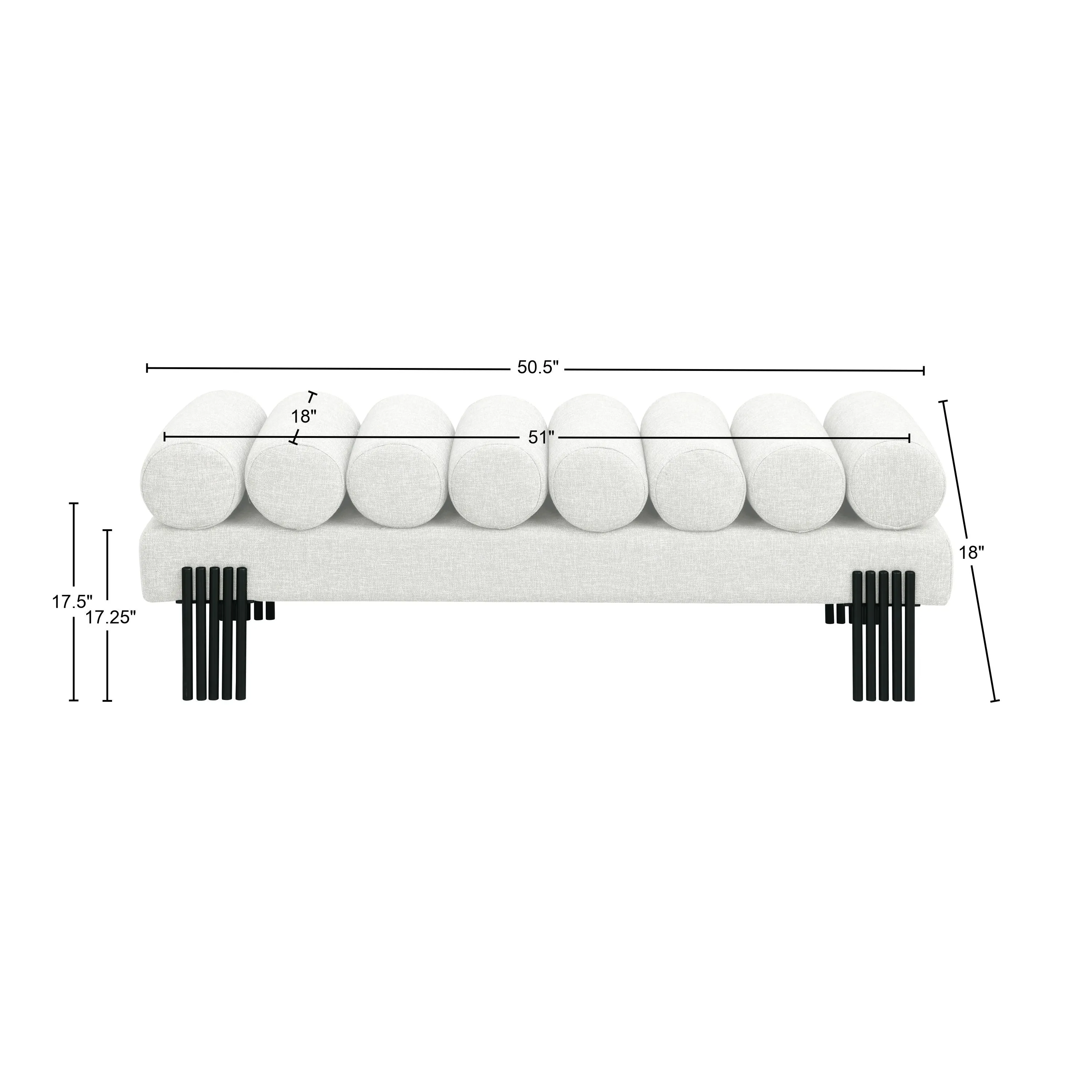 Akeela Stylish Upholstered Fabric Bench with Rolled Cushion Top and Modern Black Metal Legs