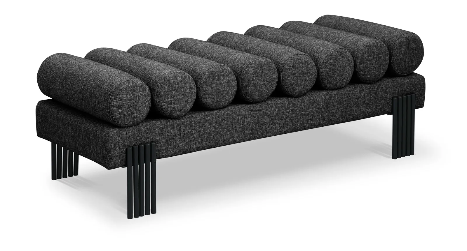 Akeela Stylish Upholstered Fabric Bench with Rolled Cushion Top and Modern Black Metal Legs