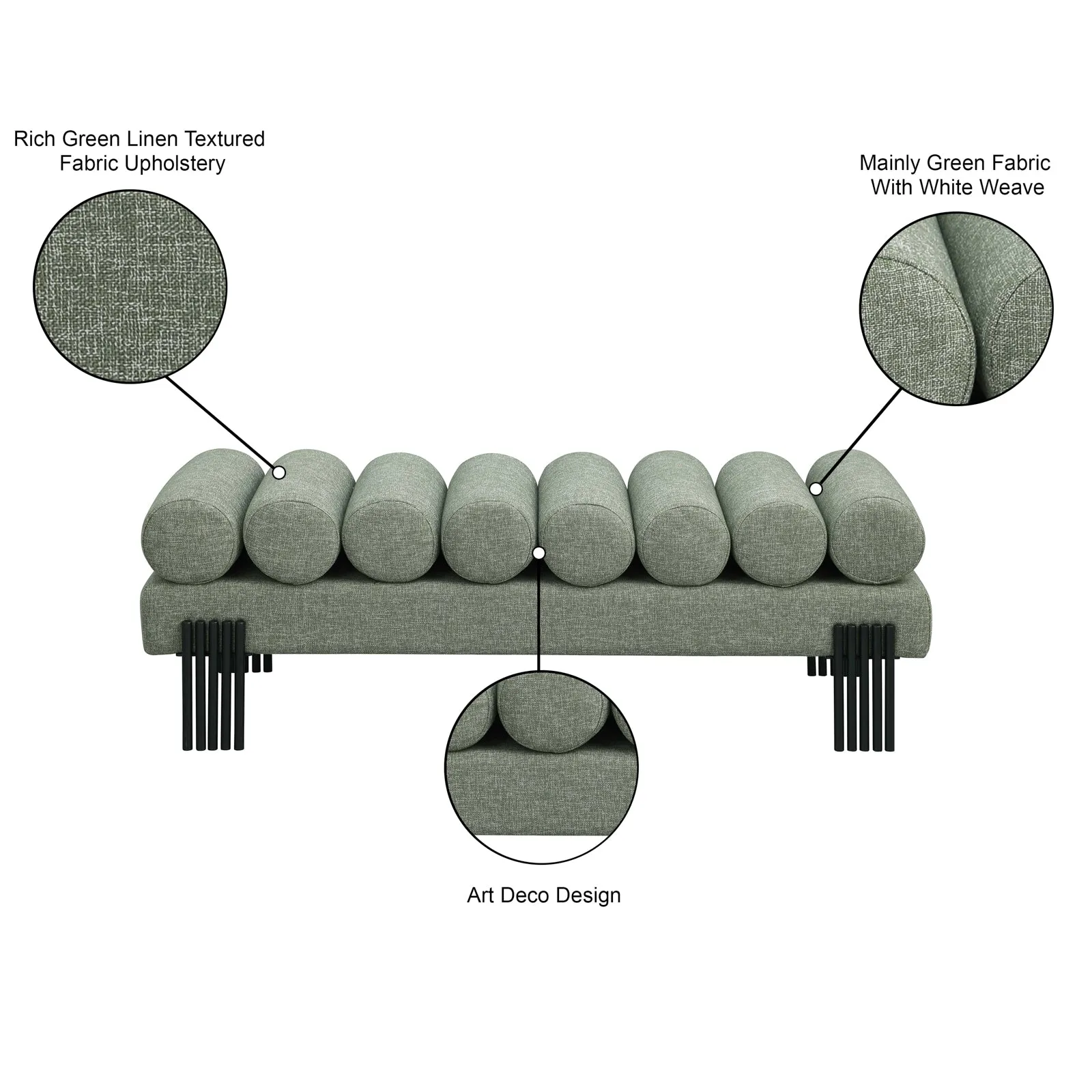 Akeela Stylish Upholstered Fabric Bench with Rolled Cushion Top and Modern Black Metal Legs