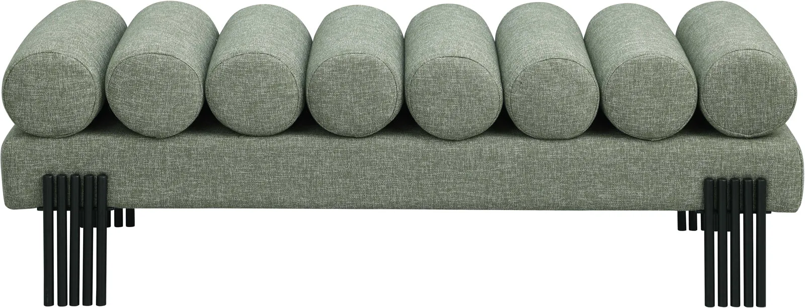Akeela Stylish Upholstered Fabric Bench with Rolled Cushion Top and Modern Black Metal Legs