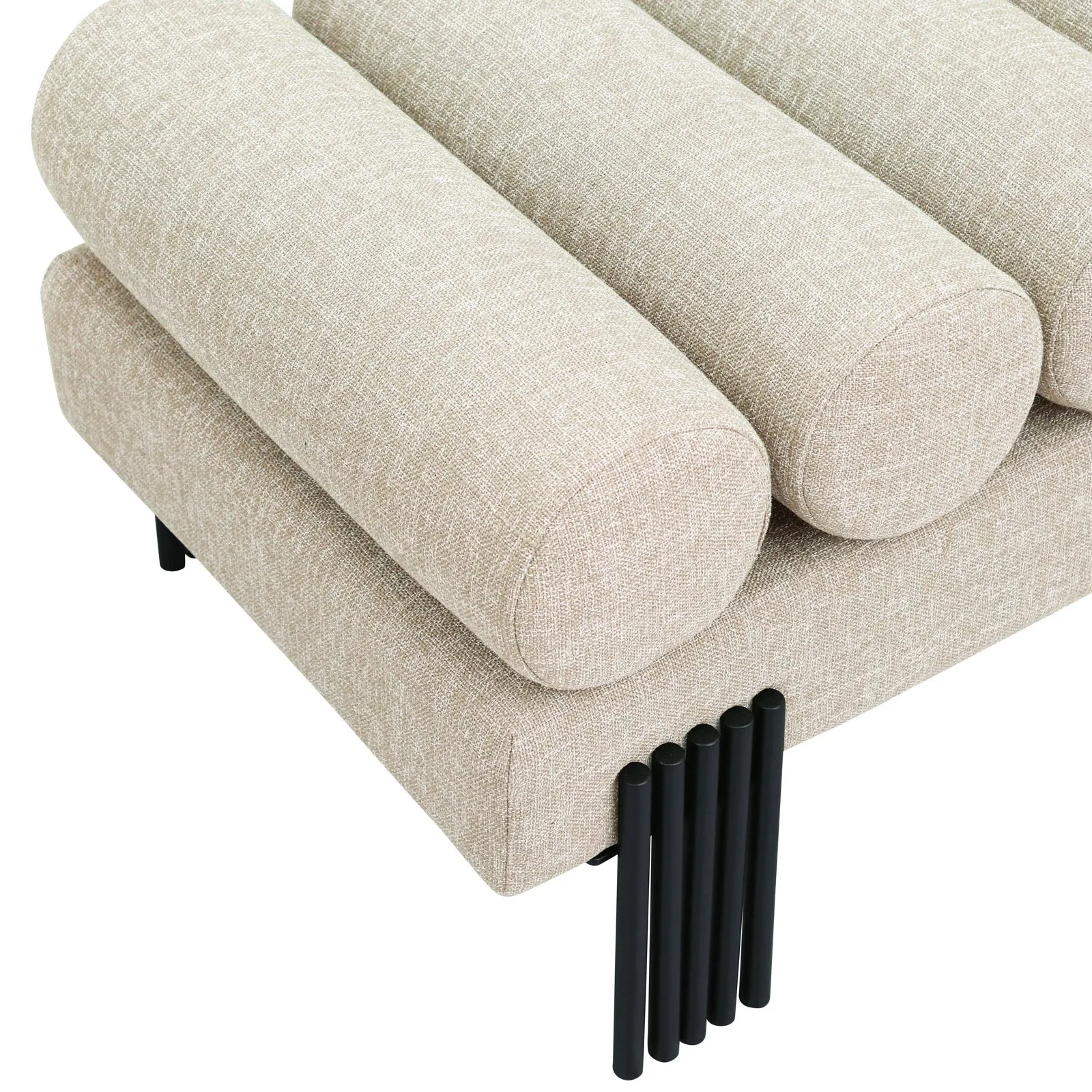 Akeela Stylish Upholstered Fabric Bench with Rolled Cushion Top and Modern Black Metal Legs