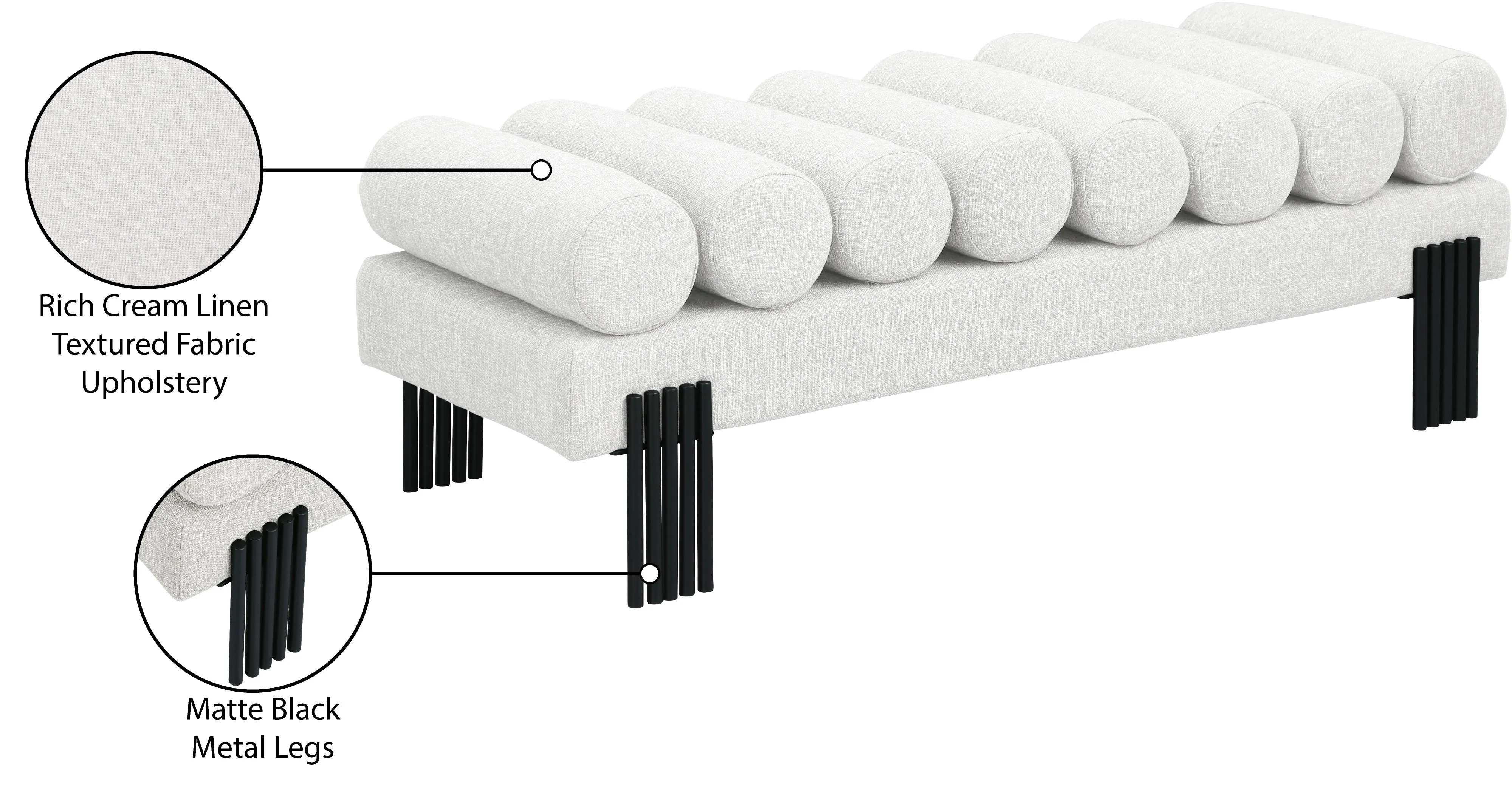 Akeela Stylish Upholstered Fabric Bench with Rolled Cushion Top and Modern Black Metal Legs