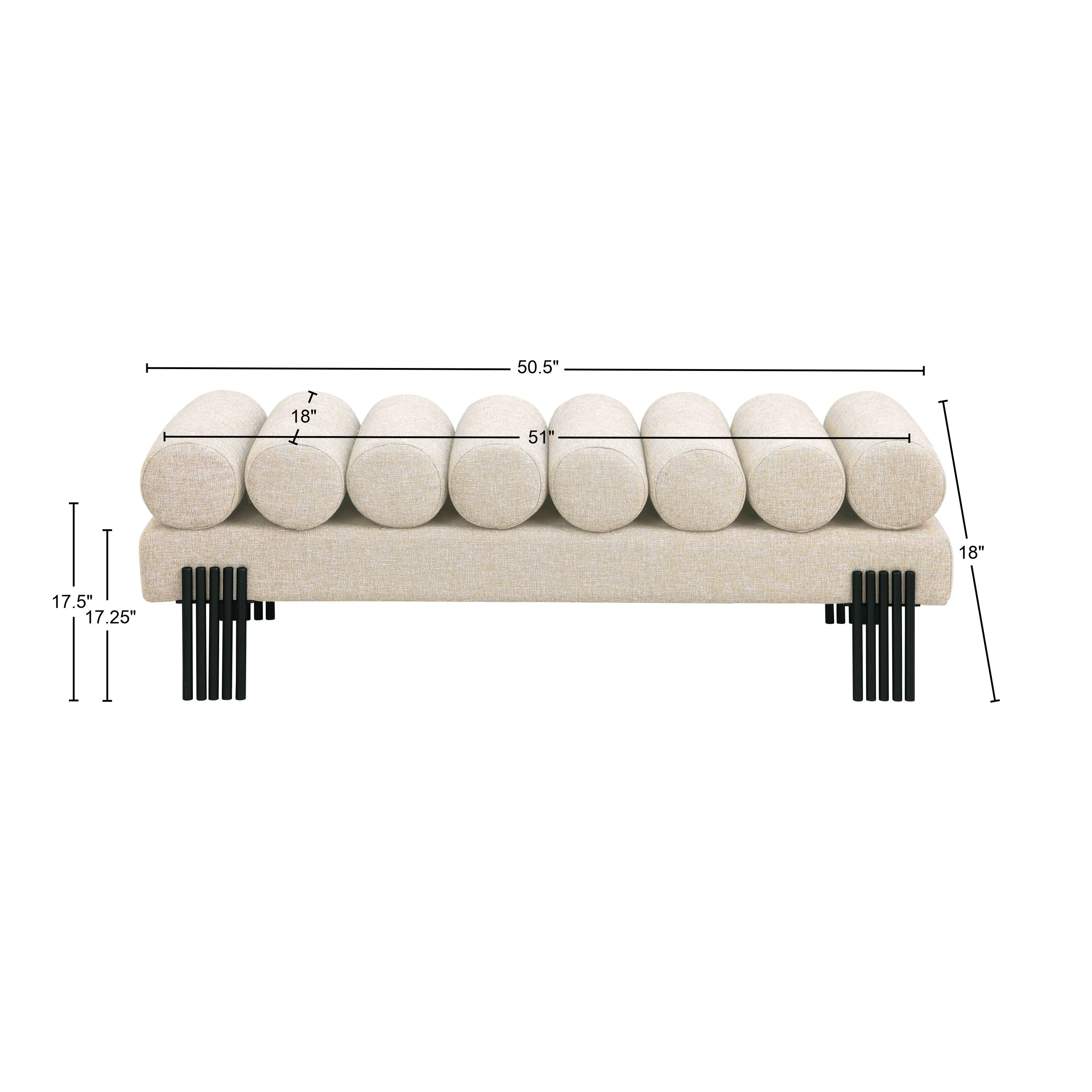 Akeela Stylish Upholstered Fabric Bench with Rolled Cushion Top and Modern Black Metal Legs