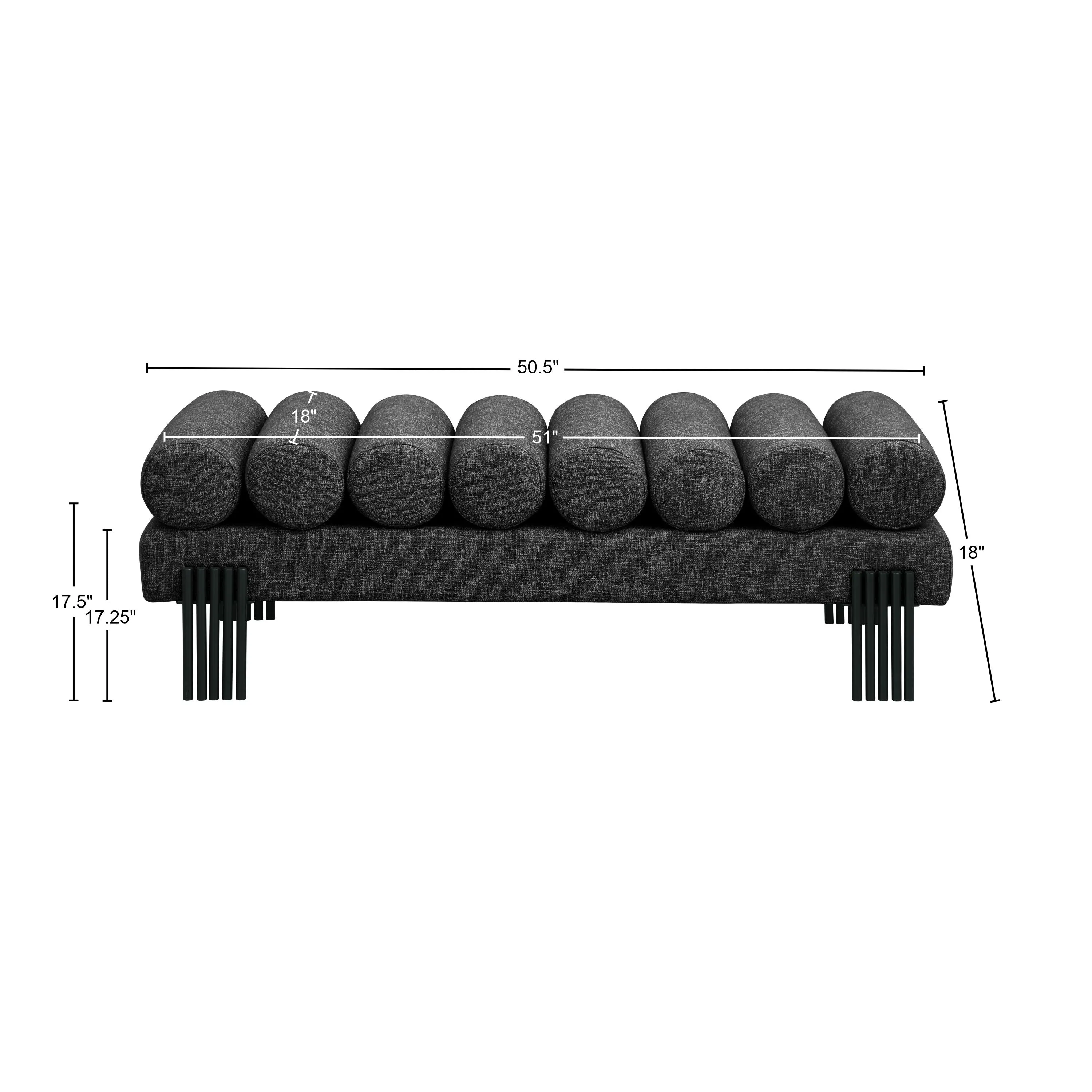 Akeela Stylish Upholstered Fabric Bench with Rolled Cushion Top and Modern Black Metal Legs