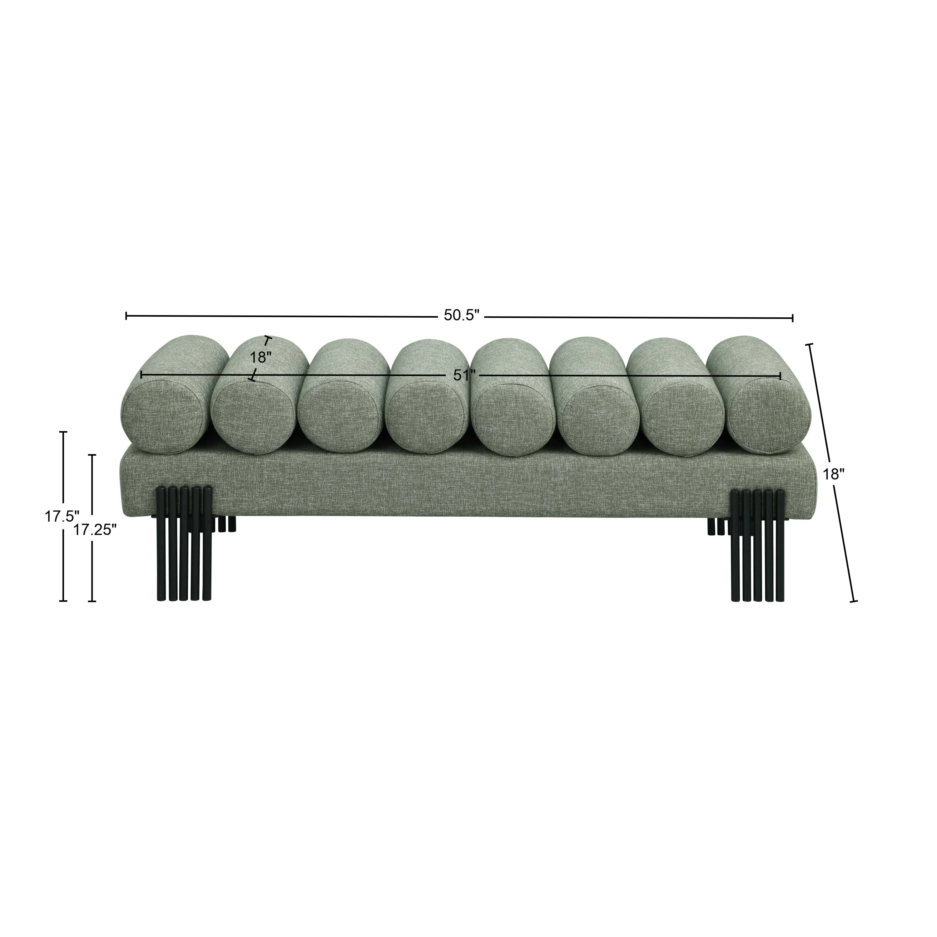 Akeela Stylish Upholstered Fabric Bench with Rolled Cushion Top and Modern Black Metal Legs