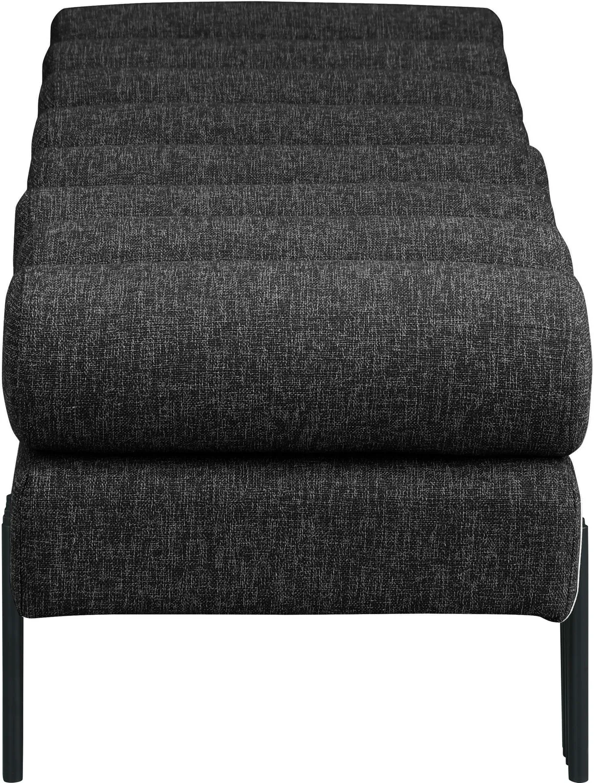 Akeela Stylish Upholstered Fabric Bench with Rolled Cushion Top and Modern Black Metal Legs