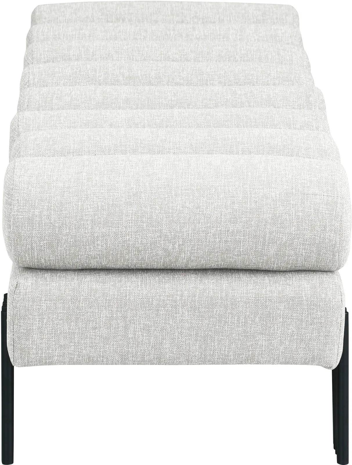 Akeela Stylish Upholstered Fabric Bench with Rolled Cushion Top and Modern Black Metal Legs