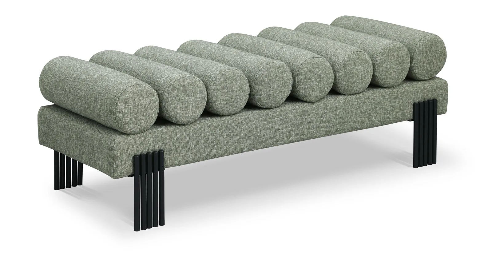 Akeela Stylish Upholstered Fabric Bench with Rolled Cushion Top and Modern Black Metal Legs