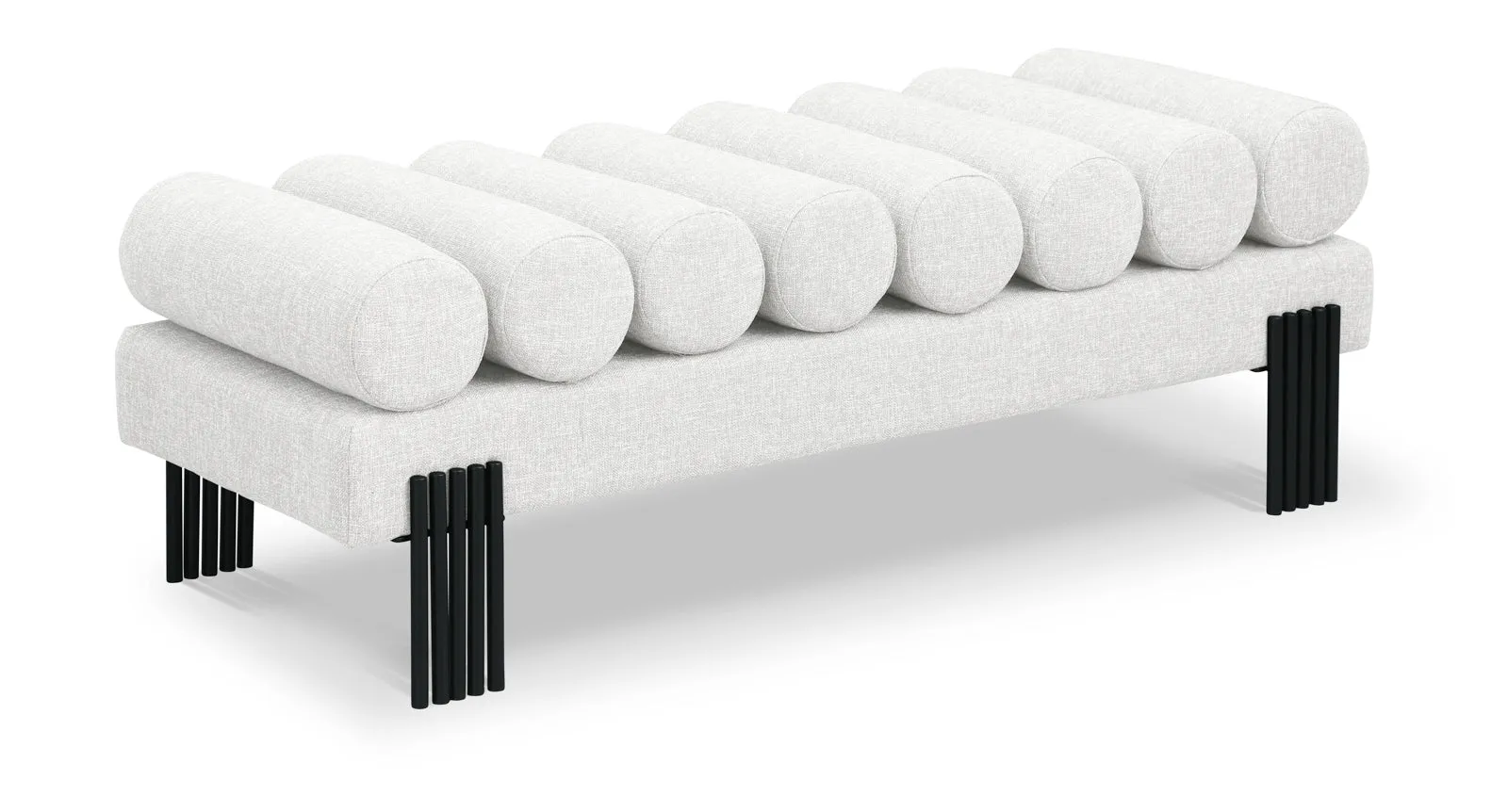 Akeela Stylish Upholstered Fabric Bench with Rolled Cushion Top and Modern Black Metal Legs