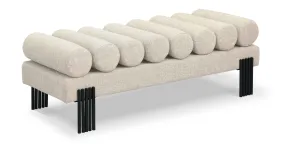 Akeela Stylish Upholstered Fabric Bench with Rolled Cushion Top and Modern Black Metal Legs