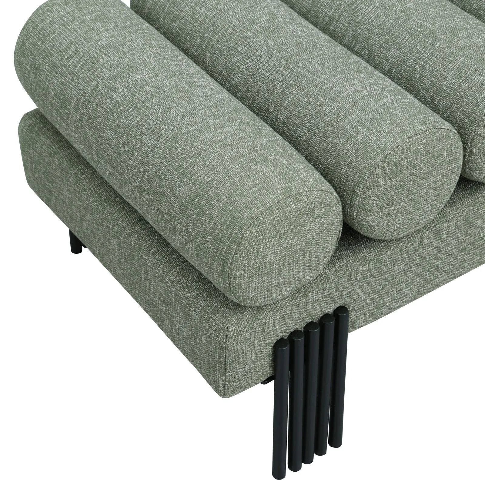 Akeela Stylish Upholstered Fabric Bench with Rolled Cushion Top and Modern Black Metal Legs