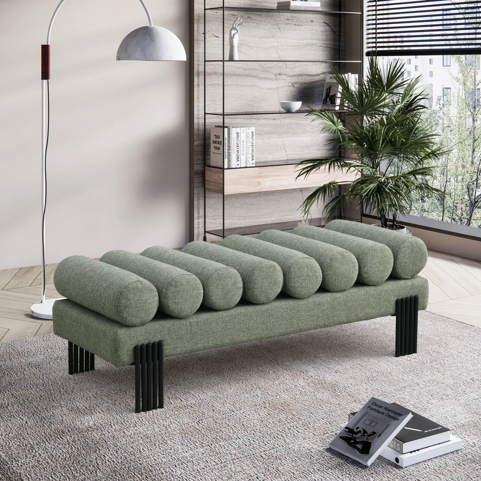 Akeela Stylish Upholstered Fabric Bench with Rolled Cushion Top and Modern Black Metal Legs