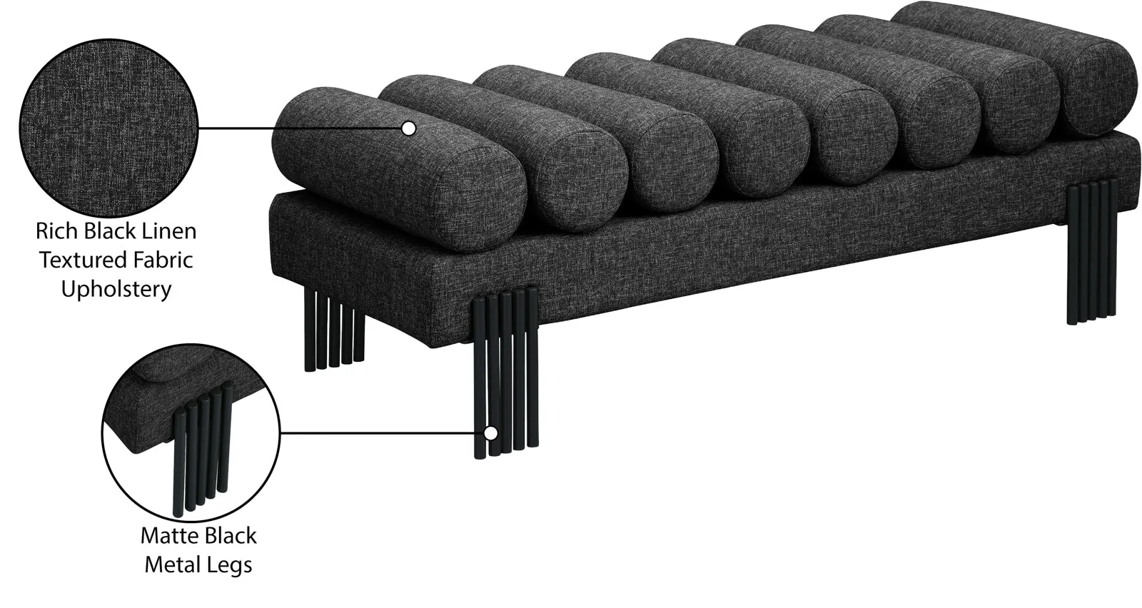 Akeela Stylish Upholstered Fabric Bench with Rolled Cushion Top and Modern Black Metal Legs