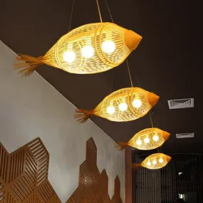 Asia-Inspired Bamboo Chandelier Pendant Light for Fish Restaurants & Homes - Wood Finish, 3-Bulb Hanging Lamp