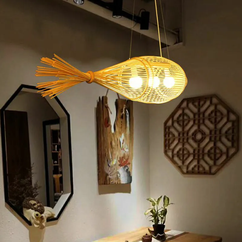 Asia-Inspired Bamboo Chandelier Pendant Light for Fish Restaurants & Homes - Wood Finish, 3-Bulb Hanging Lamp