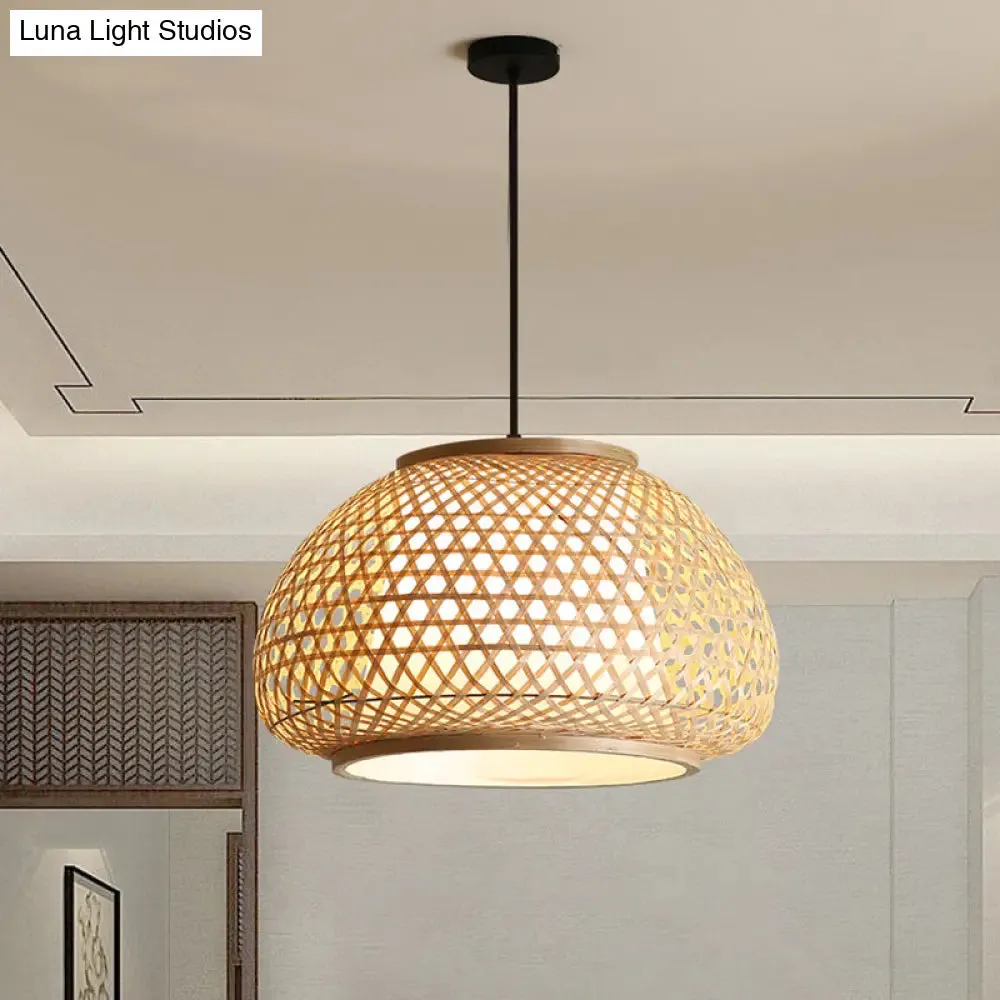 Asia Style Rattan Shade Pendant Lamp - 1 Light Ceiling Lantern in Beige