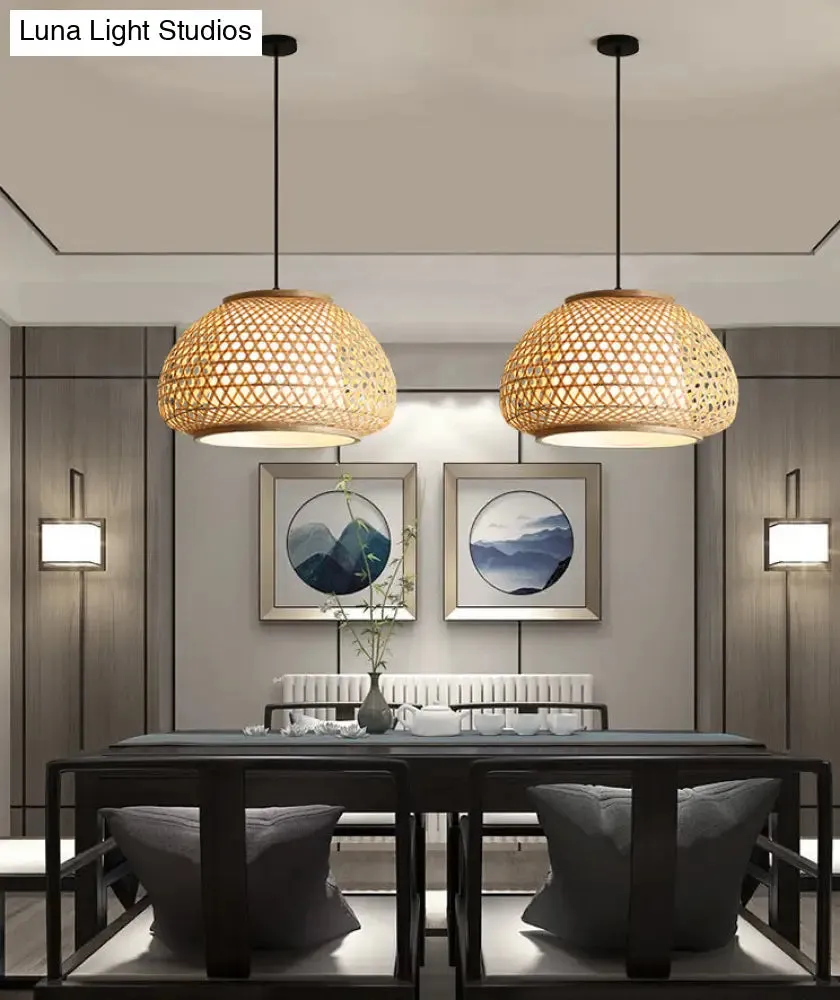 Asia Style Rattan Shade Pendant Lamp - 1 Light Ceiling Lantern in Beige